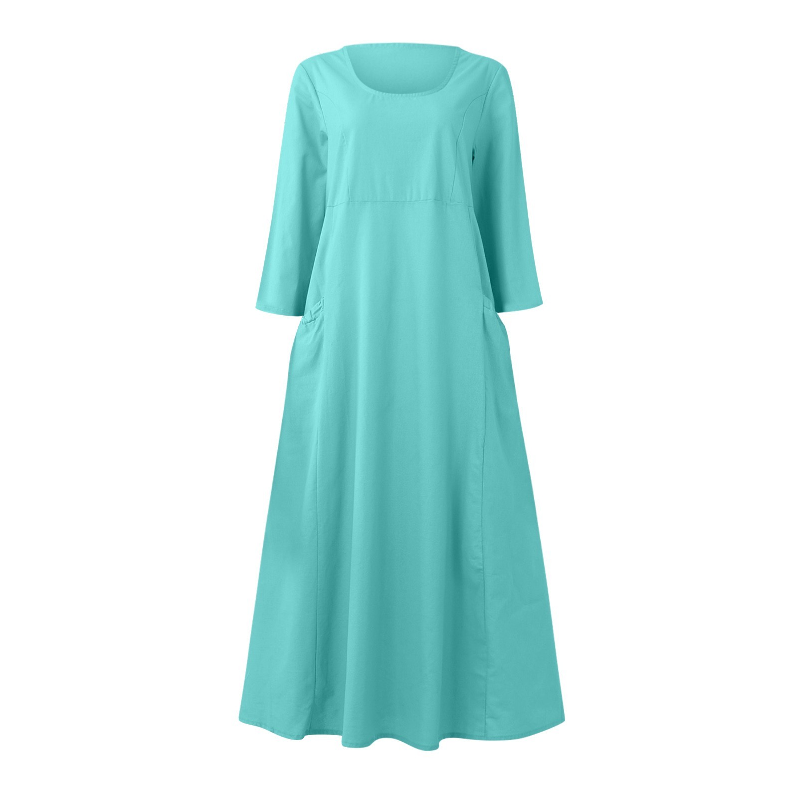 thumbnail image 4 of Vestido boho de manga 3/4 y cuello redondo con bolsillos para mujer - Color liso, corte holgado, vestido veraniego informal con estampado floral, 4 of 4